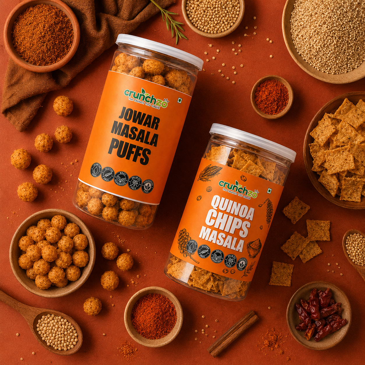 Crunchzo Jowar Masala Puffs & Quinoa Chips Masala Combo