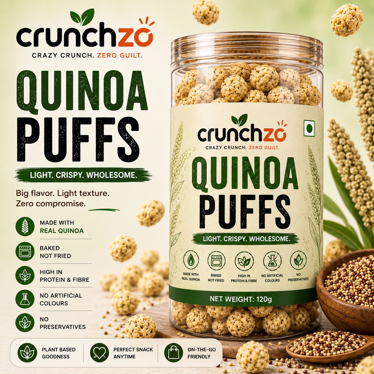 Crunchzo Quinoa Puffs – Baked Superfood Snack (80g)